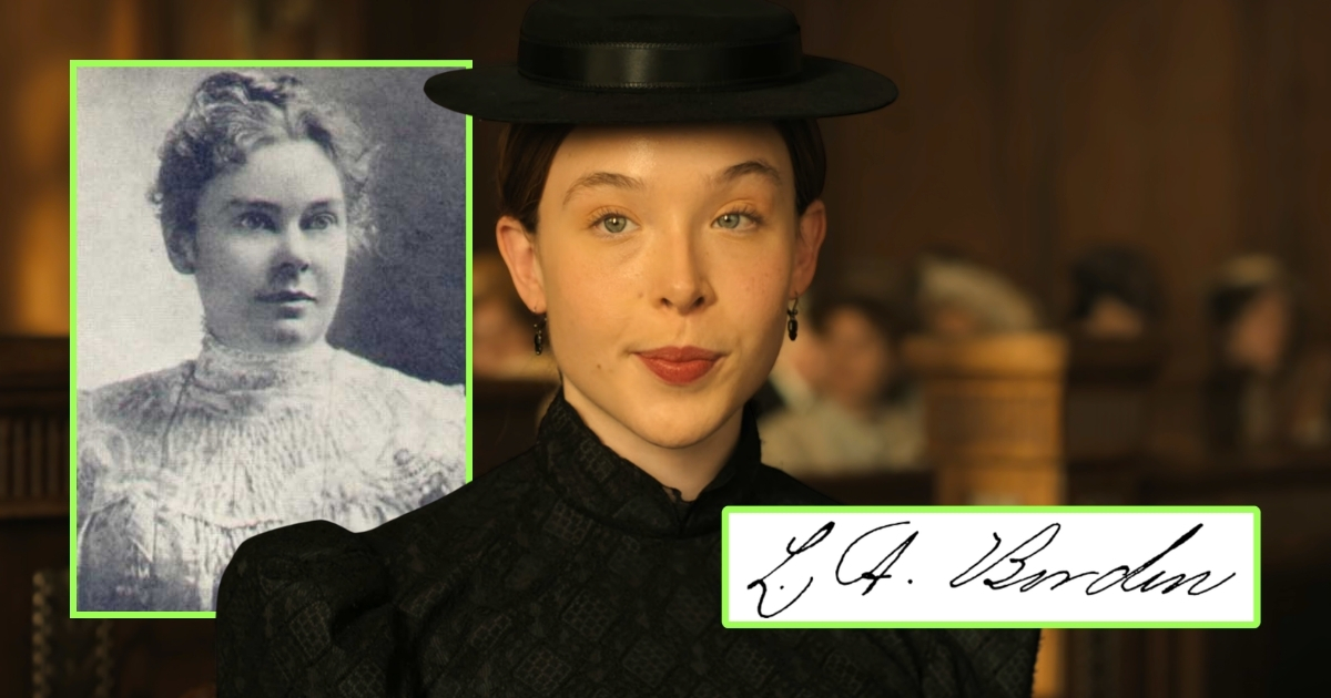 Image of Lizzie Borden and her signature, and Ella Beatty as Lizzie Borden in Monster