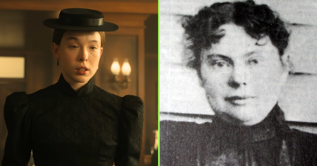 Ella Beatty as Lizzie Borden in Monster, and image of the real Lizzie Borden
