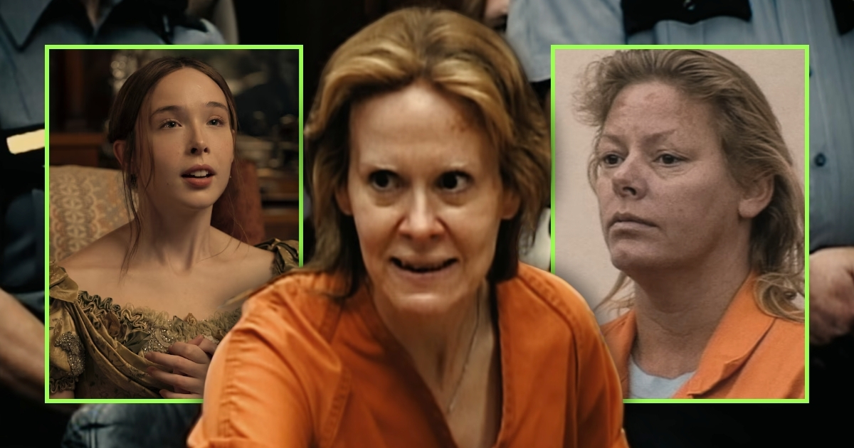 Ella Beatty as Lizzie and Sarah Paulson as Aileen in Monster: The Lizzie Borden Story, alongside photo of the real Aileen Wuornos