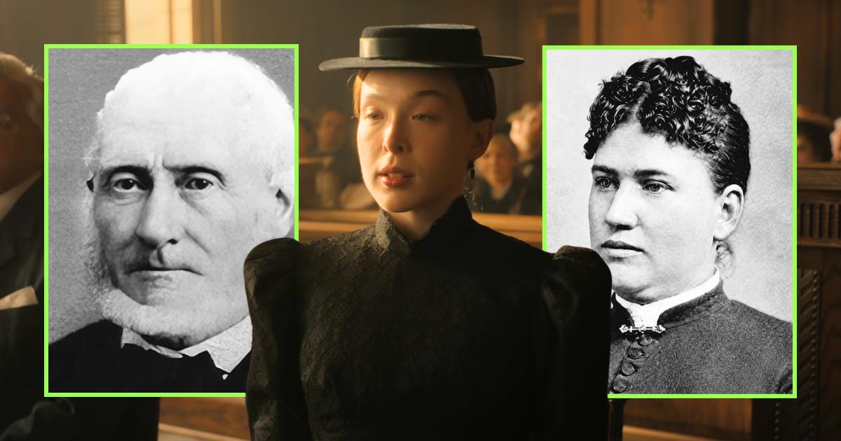 Ella Beatty as Lizzie Borden in Monster, and photos of the real Andrew and Abby Borden
