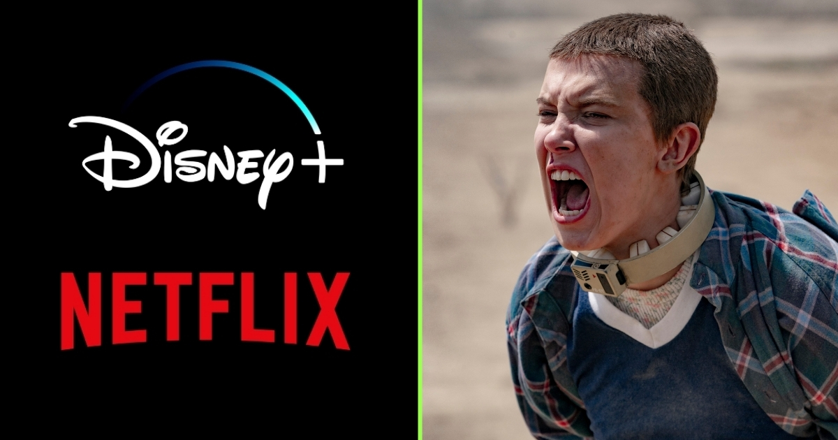 The Disney+ and Netflix logos next to a picture of Eleven in Stranger Things